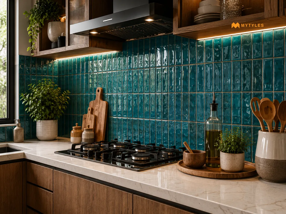 Glossy Teal Blue Kitchen Backsplash Tiles